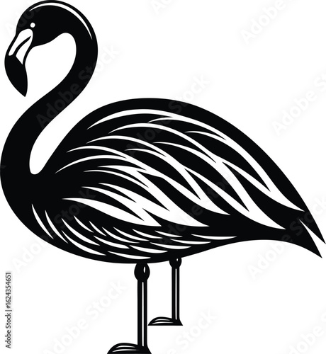Black silhouette of a flamingo with stylized feathers and legs on a white background black and white