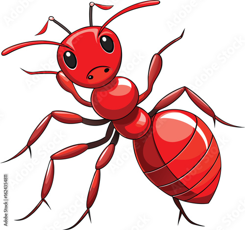 Cartoon red ant with black eyes and antennae on a white background insect illustration
