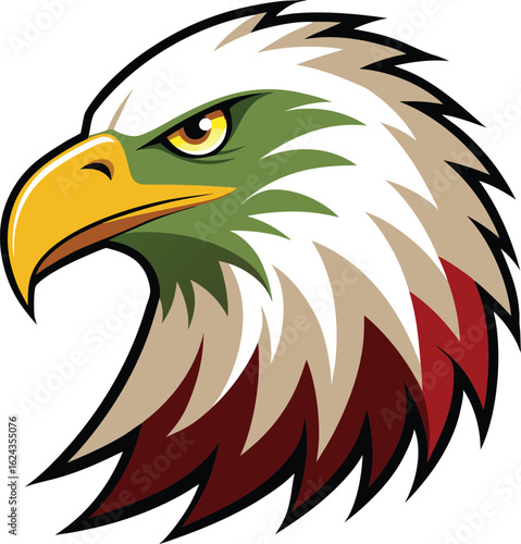 Stylized eagle head with green face and yellow beak in profile view bird animal