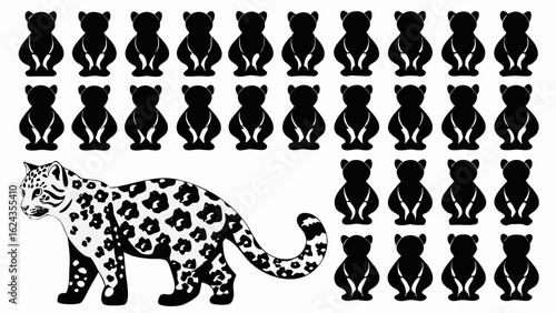 Illustration of a leopard with spots and rows of teddy bears in black and white monochrome design silhouette