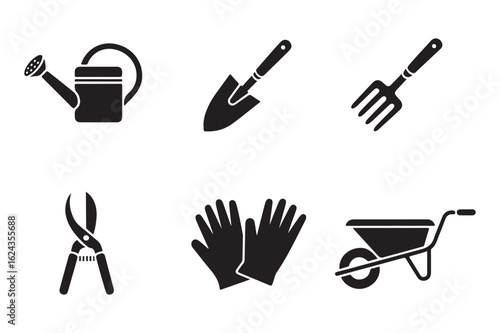 Gardening Tools Icons Set Black and White Illustration Essential Implements for Planting Cultivating and Maintaining a Thriving Garden Landscape