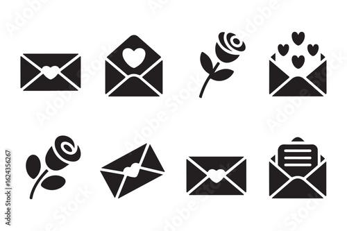 Romantic icons for Valentines day with envelopes filled with hearts and blooming roses vector elements for design projects