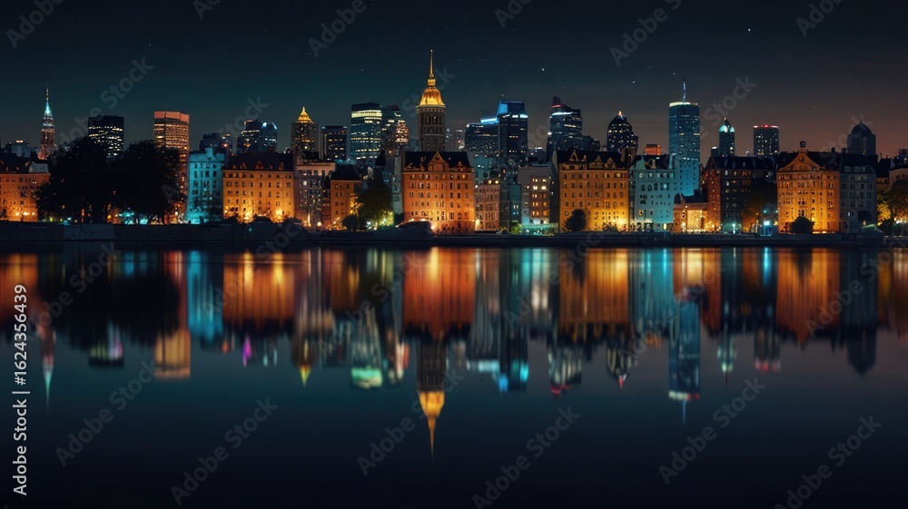 Naklejka premium City skyline at night reflecting in water, with illuminated buildings creating a vibrant and serene urban scene.