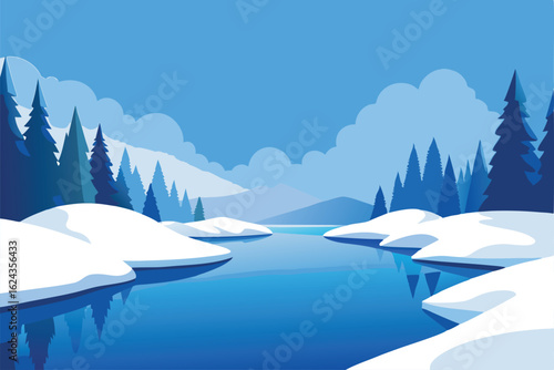 fluffy snow drifts over a frozen pond surrounded b.eps