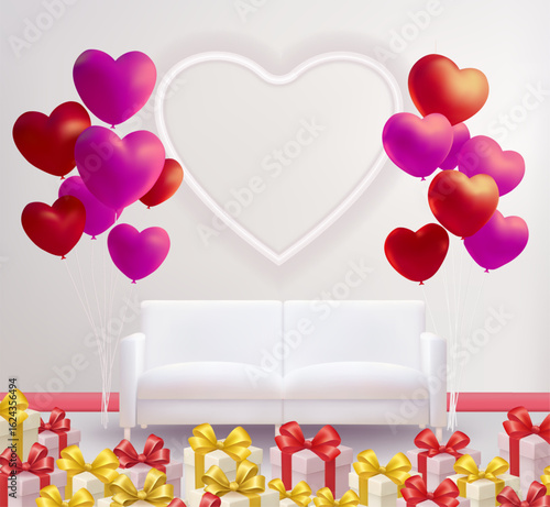 Romantic love celebration with red and pink heart-shaped balloons, colorful ribbon-tied gift boxes, and a white two-seater sofa in a pristine room for Valentine's Day or special occasions
