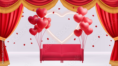 Elegant romantic scene velvet red sofa plump heart balloons shimmering rose petals glowing neon fram