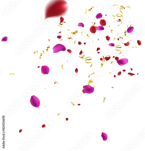 Vibrant pink and red flower petals and golden ribbon scraps joyfully scattered on a pure white background creating an atmosphere of celebration love happiness beauty festival