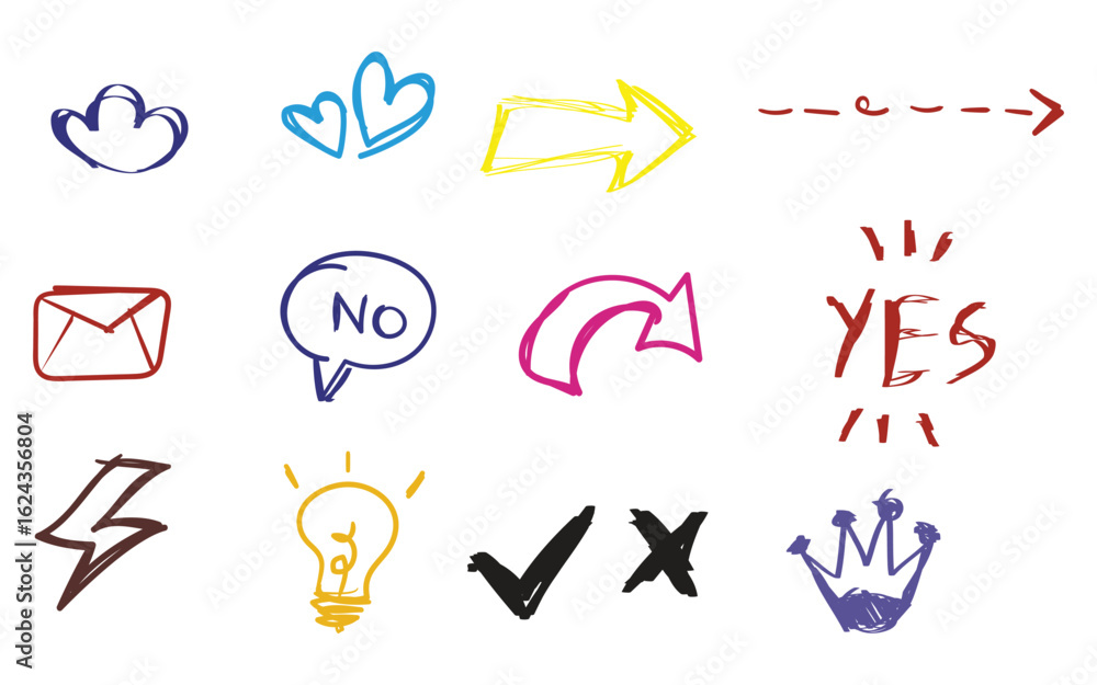 Fototapeta premium Bold crayon drawn arrows set Collection of thick kid grunge geometric abstract arrows Grunge doodle black different directions. Vector elements with pencil texture, scribble icons