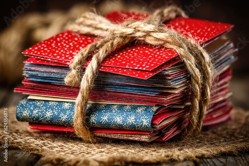 Stack of red and blue cards tied with twine