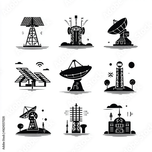 Set of Communication and Energy Black and White Icons for Modern Technology and Sustainability Solutions with Renewable Resources