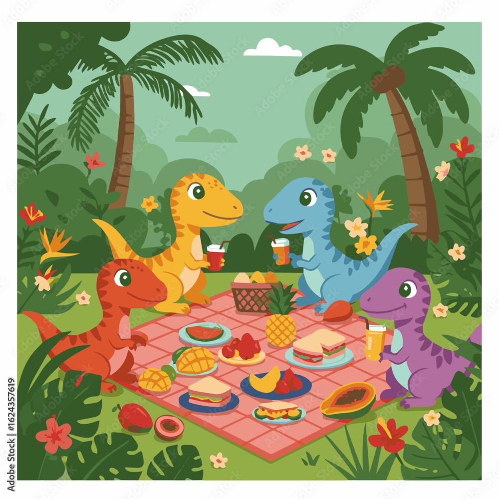 Obraz premium Cheerful dinosaurs enjoy a tropical picnic with fruit, sandwiches, and drinks.