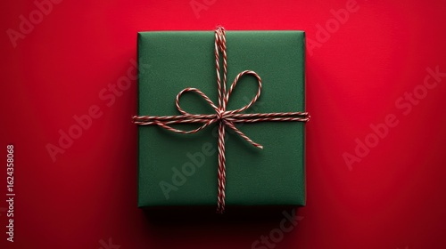 Green gift box with red and white twine bow on red background.