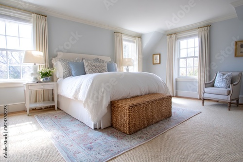 Light and airy bedroom with a crisp light blue painted wall, a plush white bed, a woven storage trunk, and two windows