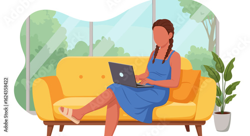 Woman working from home on laptop, relaxing on yellow couch near window with view of nature. Perfect for blogs, websites, or articles about remote work, work-life balance, or home office.
