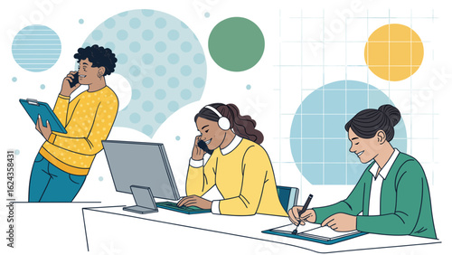 Diverse team of coworkers collaborating in a modern office, perfect for website banners or business brochures.