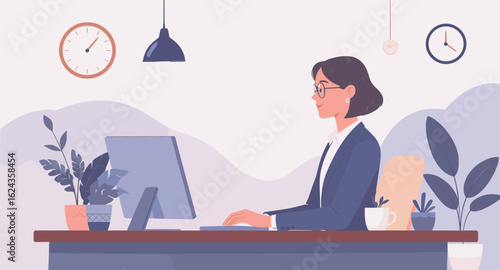 Businesswoman working at her desk, perfect for website banners or business presentations.