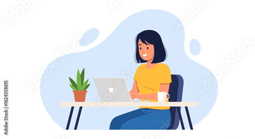 Happy woman working on laptop at home office, perfect for website banners or blog posts about remote work.