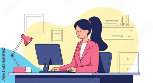 Young businesswoman working at her desk, perfect for websites, blogs, and presentations related to business, work, or office life.