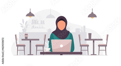 Woman in hijab working on laptop in cafe, perfect for website banners or blog posts about remote work, inclusivity, or coffee shop culture.