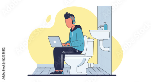 Man working on laptop while sitting on toilet in bathroom - humorous illustration for website or social media.