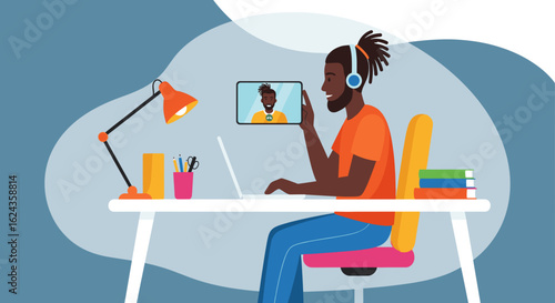 African American man video conferencing from home office, perfect for remote work, communication, and technology websites.