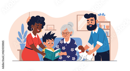 Multigenerational family reading together at home, perfect for family, togetherness, and love-themed projects.