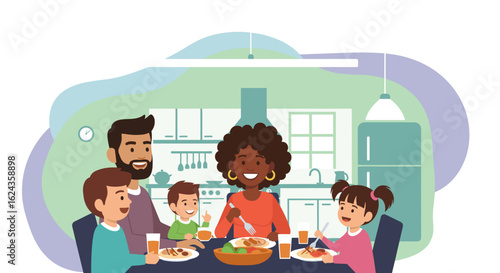 Happy family enjoying a meal together at their kitchen table, perfect for family blogs or advertisements.