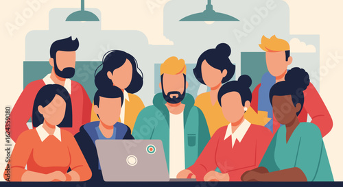 Diverse team collaborating on a laptop, perfect for websites, presentations, and brochures about teamwork and technology.