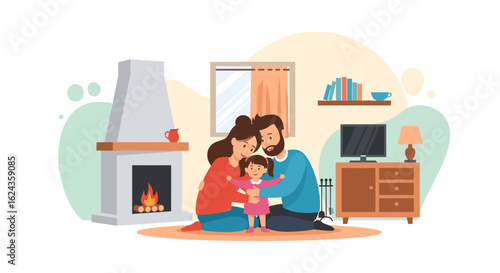 Happy family embracing by the fireplace, perfect for family blogs, greeting cards, or home decor websites.