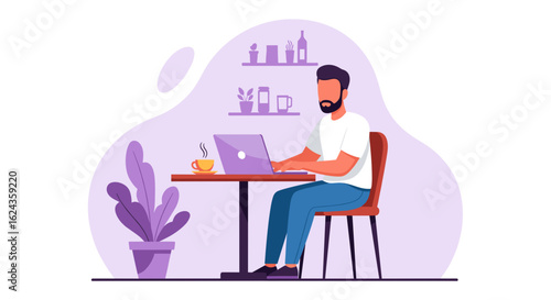 Man working on laptop in cafe, perfect for websites and blogs about remote work, freelancing, or coffee shop culture.
