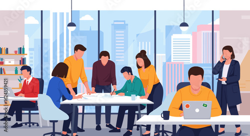 Diverse team collaborating in modern office, perfect for website banners or business presentations.