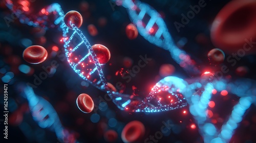 Glowing blue DNA strands twist among red blood cells.
