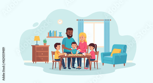 Happy family playing board games at home. Perfect for family blogs, websites, and brochures.