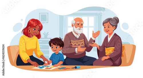 Multigenerational family enjoying a creative activity together. Perfect for illustrating family bonding, intergenerational relationships, or crafting projects.
