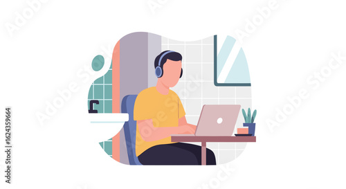 Person working from home on laptop with headphones, perfect for remote work or freelance articles.