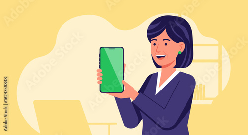 Businesswoman presenting smartphone with green screen, ideal for app presentation or website mockup.