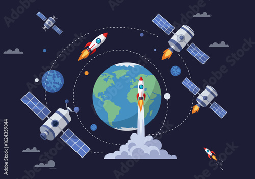 A rocket launches from Earth into outer space, where multiple satellites orbit the planet in a flat vector illustration.