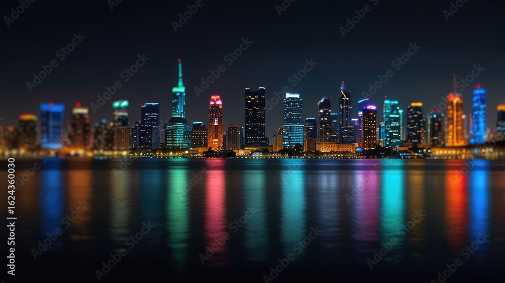 Fototapeta premium Vibrant cityscape at night, illuminated skyscrapers reflected in calm water.