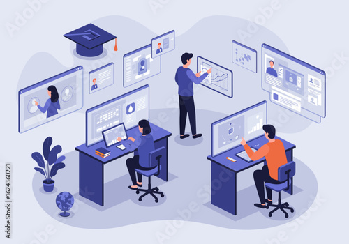 Diverse individuals engage in online learning, interacting with digital interfaces and educational content displayed on screens and holographic projections, ...