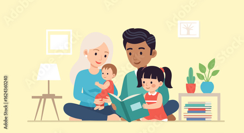 Happy family reading a book together at home - perfect for family blogs, children's books, or parenting websites.