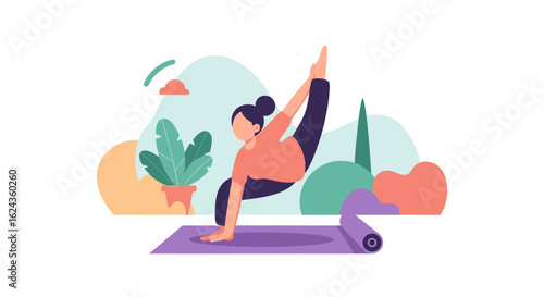 Woman practicing yoga, perfect for wellness websites, health blogs, or fitness app promotion.