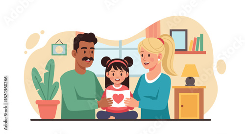 Happy family with young daughter sharing a heartwarming moment, ideal for family blogs, greeting cards, or children's books.