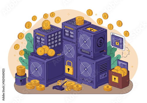 Illustration depicting cryptocurrency mining setup with servers, coins, padlock security, and digital currency symbols.