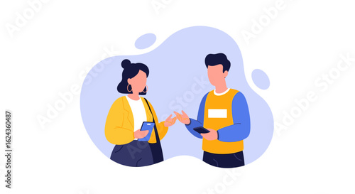 Two young people using smartphones and chatting, perfect for a communication app landing page or social media post.