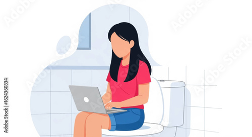 Woman working on laptop in bathroom - illustration for blog, article or social media post.