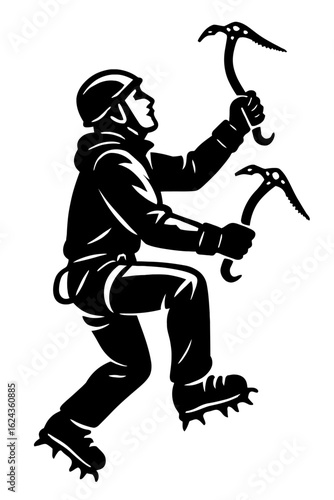 A vector graphic of a mountaineer with a helmet and two ice axes climbing a steep surface