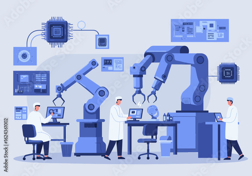Illustration of a futuristic factory with robotic arms assembling components while scientists in lab coats monitor the automated process.