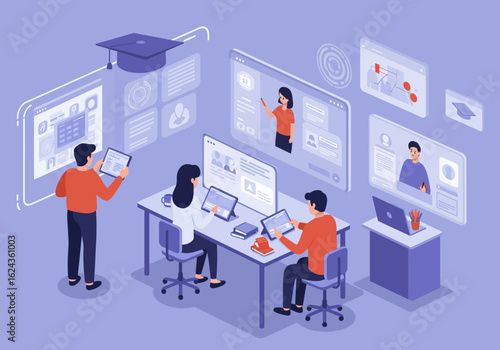 People attending an online class, with teachers displayed on screens, using tablets and laptops in a virtual learning environment.