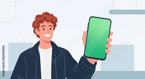 Happy man showing smartphone with green screen, perfect for app presentations or website mockups.