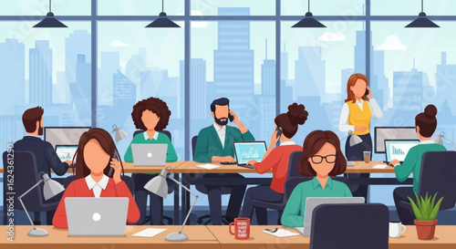 Busy modern office workers collaborating and using laptops and phones, ideal for business websites and presentations.